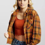 Gilded Intent  Orange and‎ Brown Plaid Cropped Button-Down Shirt Large Photo 0