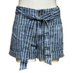 American Eagle High Rise Belted Denim Jean Shorts Blue White Yellow Stripe 6 Photo 0