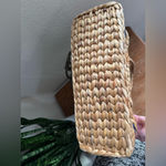 Vintage Woven Straw Tote Structured Boxy Market Bag Leather Handles Tan Photo 5