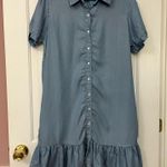 Japna  Button Up Ruffled Hem Shirt Dress Chambray Large 100% Tencel Boho Pockets Photo 0