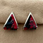 Super Retro Cool Enamel Funky Pierced Earrings Gold Tone Blue & Red Multiple Photo 2