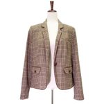 Lands' End Glen Plaid Single Button Blazer Tan & Brown Leather Buttons Size 16 Photo 2