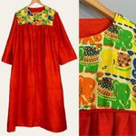 Vintage Caftan Dress Maxi Women Kaftan Muumuu Elephants Reddish Orange Zip Photo 1