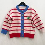 Striped Thick Knit Heart Patch 3/4 Sleeve Cropped Cardigan Sweater Red Photo 4