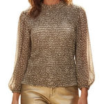 EXPRESS ‎ Latte & White Speckled Smoked Long Sleeve Ruffle Neck Blouse NWT $64 M Photo 0