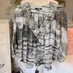Top Silky Sheer Plunge Neck Black White Oversized Womens Small Sequin Bat Wing Photo 3