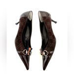 Gucci  Horsebit Web Stripe GG Pump Size 8.5 Brown Suede Pointed Toe Kitten Heel Photo 2