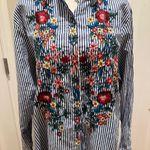 ZARA Women's XS Blue Striped Embroidered Poplin Button-Up Long Sleeve Shirt Photo 5