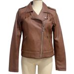Coffee Shop Junior's Brown Faux Leather Fringe Moto Jacket Size L Photo 3