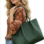 Lulu Dharma Green Woven Leather Tote Bag | Oversized Boho Shoulder Bag Photo 0