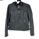 First Classics Black Leather Quilted Hooded Biker Jacket Photo 0