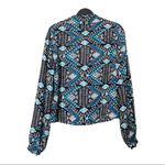 Tory Burch  Geometric 100% Silk Shirt Long Sleeves Blue/Black Tie Front Size 8 Photo 5