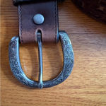 Shyanne  Brown Leather Embroidered Belt Rose Gold Details XL Etched Flower Photo 2