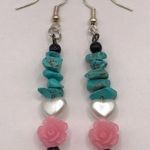 Handmade Turquoise Crystal Chip White Pearl Tone Heart and Pink Rose Drop Earrings Photo 0