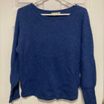Akini  Royal Blue Crew Neck Ribbed Knit Merino Wool Blend Bishop Sleeve Sweater Photo 0