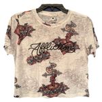 Affliction  Sacred Heart Roses Embroidered Crop Tee Women White & Red Size Medium Photo 0