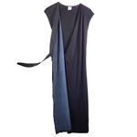 CAbi Disco Two Toned Solid Polka Dot VNeck Midi Length Wrap Dress in Navy/White Photo 7