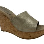 70 Post Paris Lainie Gold Leather Wedge Size 8.5 Open Toe Cork Heel Photo 0