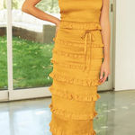 V. Chapman Lily Ruched & Ruffled Stretch Satin Midi Dress Mustard Yellow Gold Size 8 Photo 0