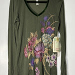 Aratta Green Floral Long Sleeve Top Size Sm/Med NWOT Embroidery Velvet Accents Photo 0