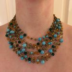 Multi Strand Beaded Necklace Gold Tone Metal, Turquoise, Green & Amber By Sequin Blue Photo 0