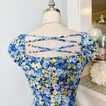 Ruched Floral Ribbed Cap Sleeve Top Blue Yellow Green Flowers Medium Photo 4