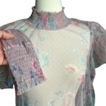 L.I.F.E. Shirring Sheer Floral Pink Blouse‎ High Neck Elastic Waist Puff Sleeve Photo 3