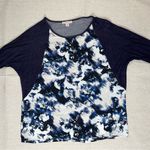 Dress Barn  | Navy & White Watercolor Print Baseball Tee Style Blouse | PM Photo 2