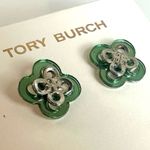 Tory Burch New  Kira Clover Stud Earrings in Green and Silver on TB Earring Card Photo 1