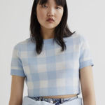 H&M size zmefium Blue and White plaid Knit cropped top sweater short sleeve Photo 0