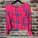 Kensie Red Plaid Ruffled Smocked Long Sleeve Blouse Women's Size Medium Photo 0