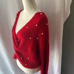 No Boundaries  Red Off-the-Shoulder Sweater with Pearl Details Photo 2