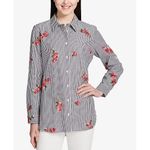 Calvin Klein  Striped Rose Embroidered Tunic Shirt Women's Long Sleeve Button Up Photo 4