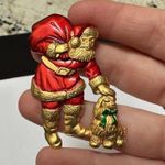 Signed JJ Christmas Holiday Brooch Pin Gold Tone/Red Enamel Santa Claus With Dog Photo 2