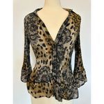 Vintage Cheetah Sheer Long Sleeve Frilly Blouse Size Small Brown Photo 1