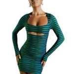 Oh Polly  Dress Womens Mini Green Striped Print Bodycon Long Sleeve Cut Out Sz 8 Photo 0