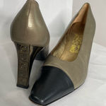 Salvatore Ferragamo Vintage 90s Ferragamo Cap Toe Black Gold Heels Leather Pumps Size 10B Photo 0
