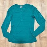 Athleta  | Blue Green Thin Stripe Quarter Zip Ruched Sleeve Performance Top, L Photo 0
