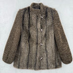 Vintage 70s Faux Raccoon Fur Jacket Knit Sleeves Toggle Buttons Stern & Mann’s Brown Size M Photo 0