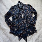 Navy & Gold Chains Satin Pussybow Blouse Blue Size 10 Photo 3