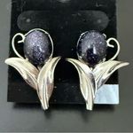 Handcrafted Unsigned Midnight Blue Goldstone Sunstone Gemstone Flower Earrings Photo 11