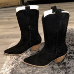 🖤Black Women Pointed Toe Low Heel Cowboy Booties•Size:9🖤 Black Photo 0