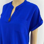 Moa Moa  MEDIUM Blue Split V Neck Rolled Cuff Short Sleeve High Low Blouse Top Photo 1