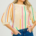 THML Cream Knit Sweater –Rainbow Stripe Textured Trim Small Photo 0