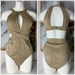 Tan Beige Textured Halter Cut Out One Piece Swimsuit Plus Size 2XL Photo 2