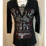 Affliction Fire Water  Women's  Bird Of Prey Black Silver Foil Design Tee Medium Photo 4