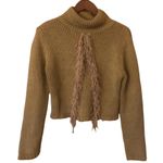 Boho Western Tan Cropped fringe chunky knit mock neck sweater Size L Photo 0