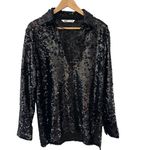 ZARA V Neck Collared Flowy Long Sleeve Sequined Top Black Size Medium Photo 3