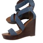 White House | Black Market WHBM Moon 6.5 chambray faux wood wedge sandal heels 3069 Photo 0