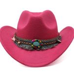 Pink Western Cowboy, Cowgirl Hat, Bead‎ Tassle Strap, Men Women Retro Wide Brim Photo 0